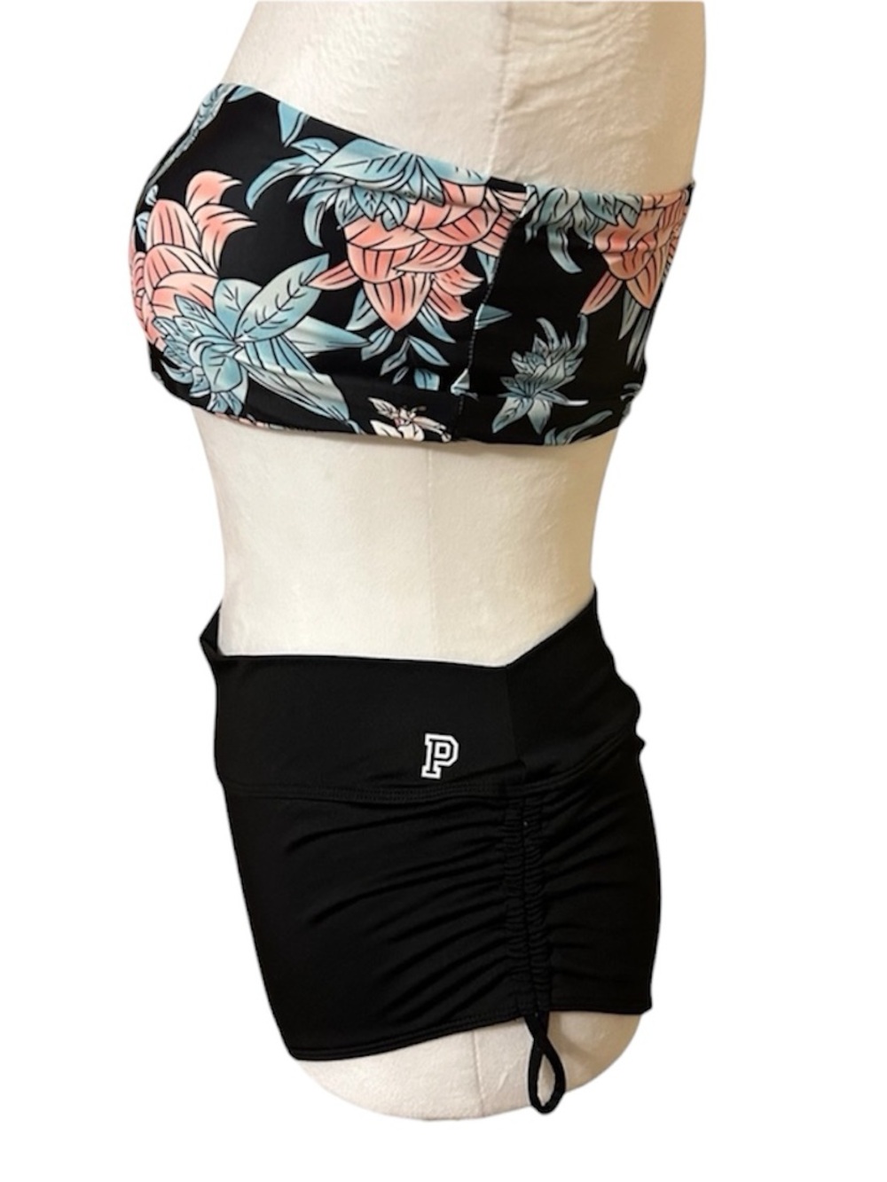 Zaful Floral Strapless Bikini Top & Black PINK High Waisted Bottoms - Picture 2 of 6